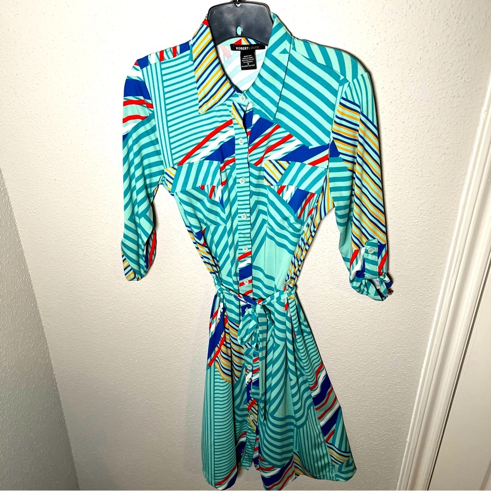 Robert Louis Button-Up, Tie Neck, Teal and Multicolor Print, Shirtdress Sz Small